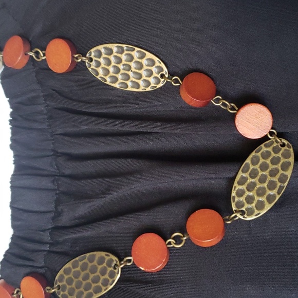 Antique Long Necklace in Bronze Metal and Reddish Brown Wooden Circles 🟤 . - Picture 2 of 13